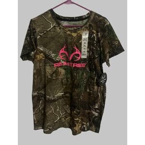 Realtree Women’s Camo T-Shirt Pink Logo Short Sleeve Cotton Blend Size XL